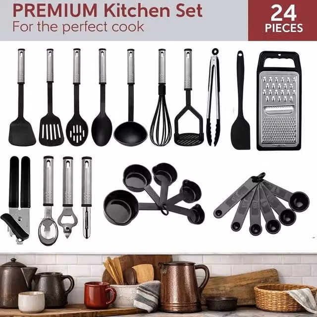 ATEK Black Stainless Steel and Silicone Nonstick Heat Resistant Kitchen Utensils Set