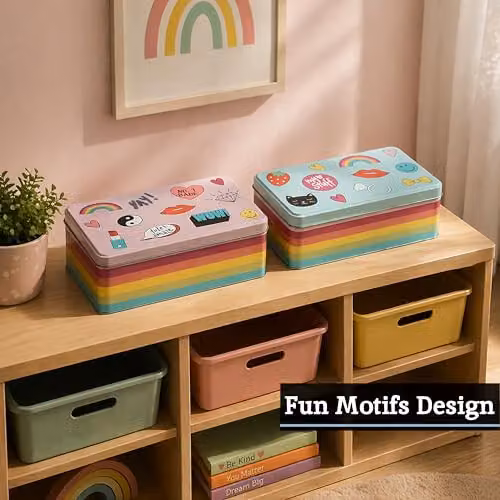Orsina Fun Times Airtight Metal Kitchen Storage Tins, Multicolour, Set of 2, W: 13 cm, D: 20 cm, H: 7 cm – 3