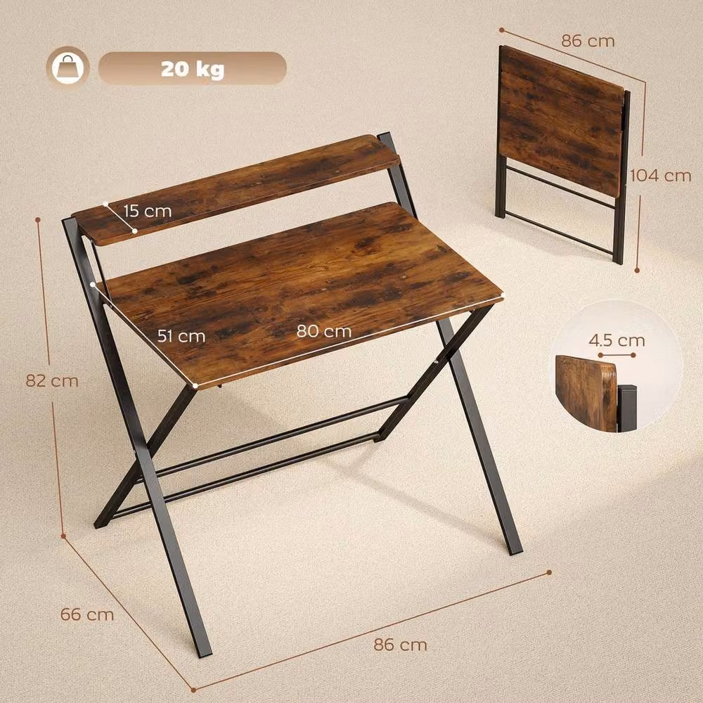 NESTLUNE Folding Writing Desk with 2-Tier Shelf in Brown, W: 100 cm, D: 15 cm – 2
