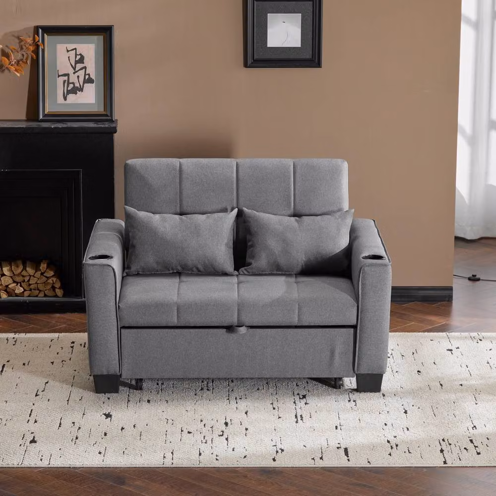 Matteo Grey Fabric 2-Seater Convertible Sofa Bed with Cup Holders and Pull-Out Drawer – 5