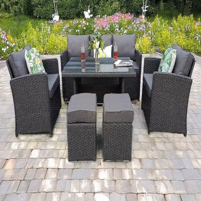 UK Leisure World Madrid 7 Seater Rattan Dining Set in Grey