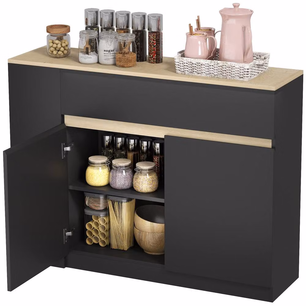 STILVORA Modern Kitchen Island in Black with 2 Doors, 1 Drawer and 3 Open Shelves, H: 110 cm, W: 82 cm, D: 29.5 cm – 3