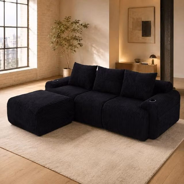 STILVORA 3-Seater Modular L-Shape Sofa with Cup Holders in Black