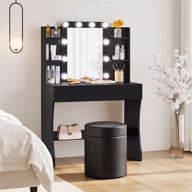 Yaheetech Modern Black Dressing Table Vanity Desk with Hollywood LED Mirror