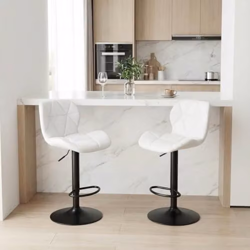 Alivio Set of 2 Modern White Faux Leather Adjustable Bar Stools with Backrest, 360 Degree Swivel and Hydraulic Height Adjustment – 2