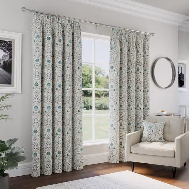 Enhanced Living Floral Blue and Red Blackout Pencil Pleat Curtains, W: 114 cm, H: 183 cm