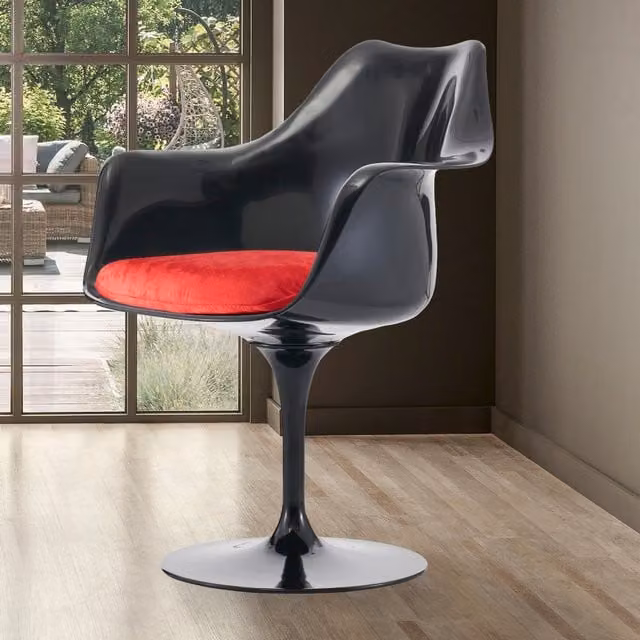 Fusion Living Modern Swivel Velvet Armchair with Armrests in Black and Red