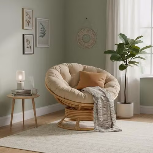 Desser Natural Rattan Papasan Chair with 360 Degree Swivel and Thick Beige Cushion – 3