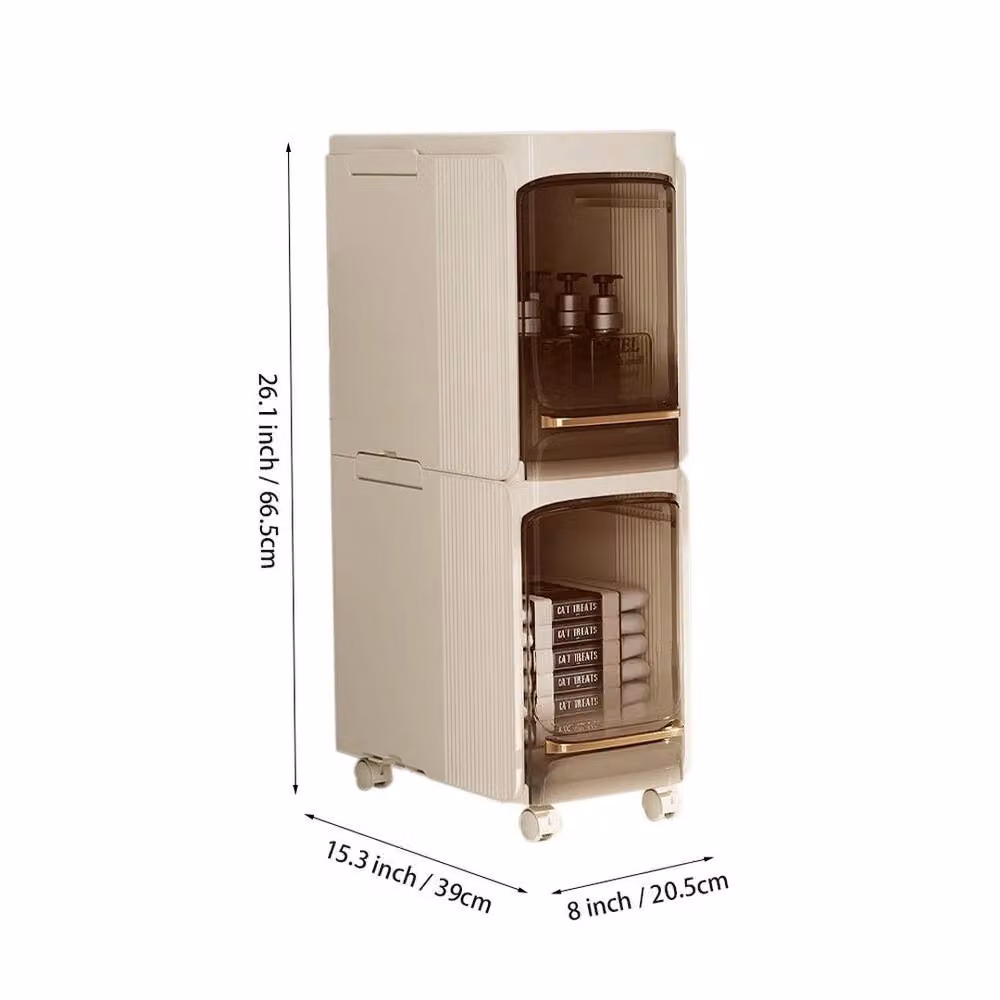 SPETLEK 2-Tier Rolling Slim Tall Bathroom Cabinet Storage with Internal Shelves in Beige – 2