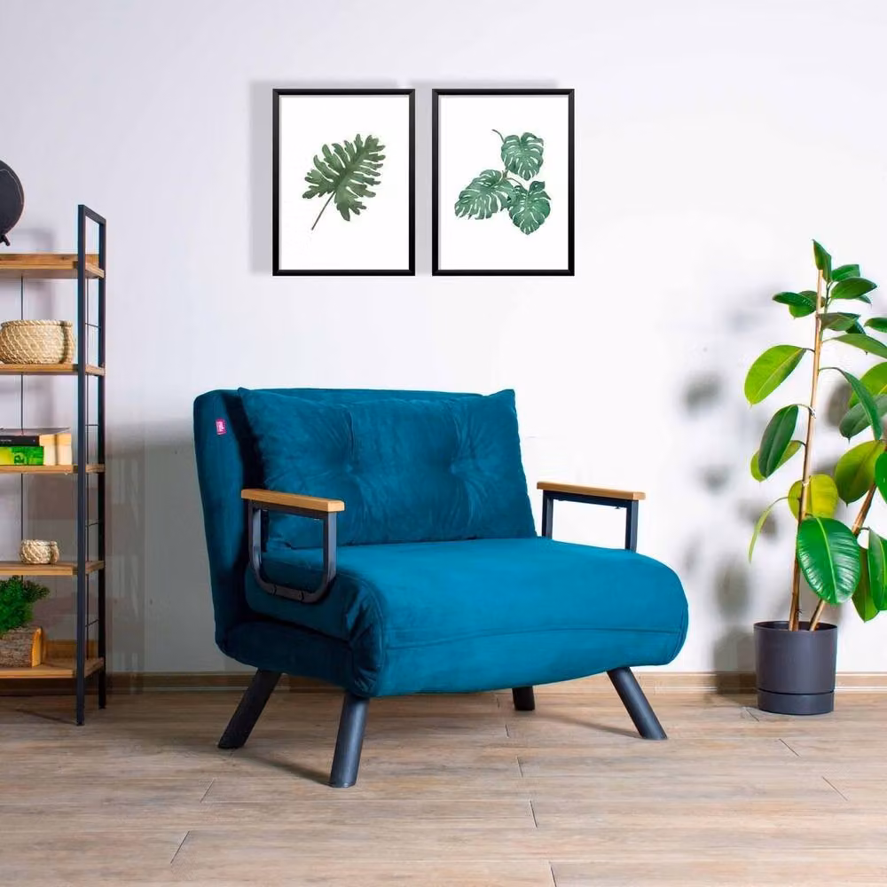 CALICOSY SANDO Convertible Fabric Armchair with Metal Legs in Teal Petrol Blue, Width: 67 cm – 2