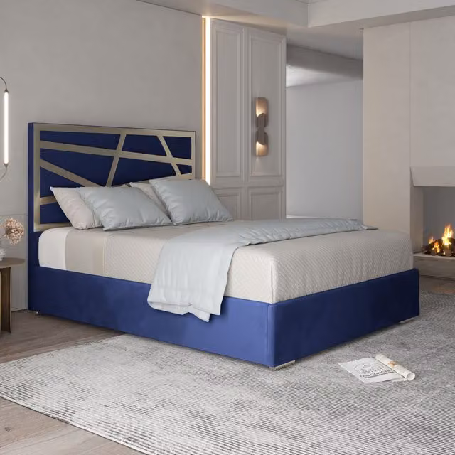 Casani Arabella Upholstered Velvet Metal Bed Frame in Blue, W/D/H: 140 x 200 x 127 cm (Height: 189 cm)