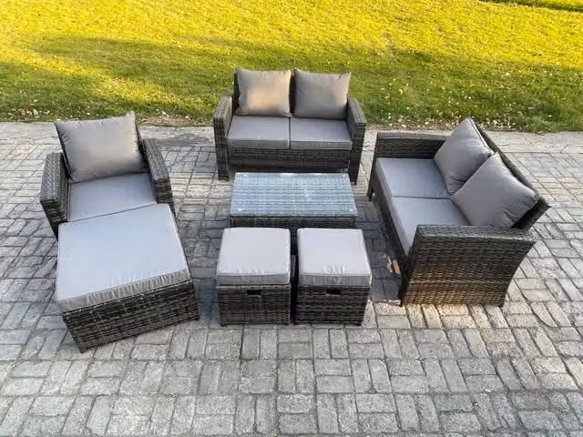 Fimous 8 Seater Rattan Garden Furniture Set in Dark Grey with U-Shape Sofa, Coffee Table and Ottomans