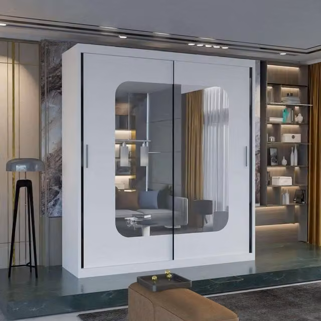 Sliding Wardrobes 4U Double Sliding Wardrobe with Integrated LED Light and Mirror in White, W: 120 cm, D: 62 cm, H: 217 cm