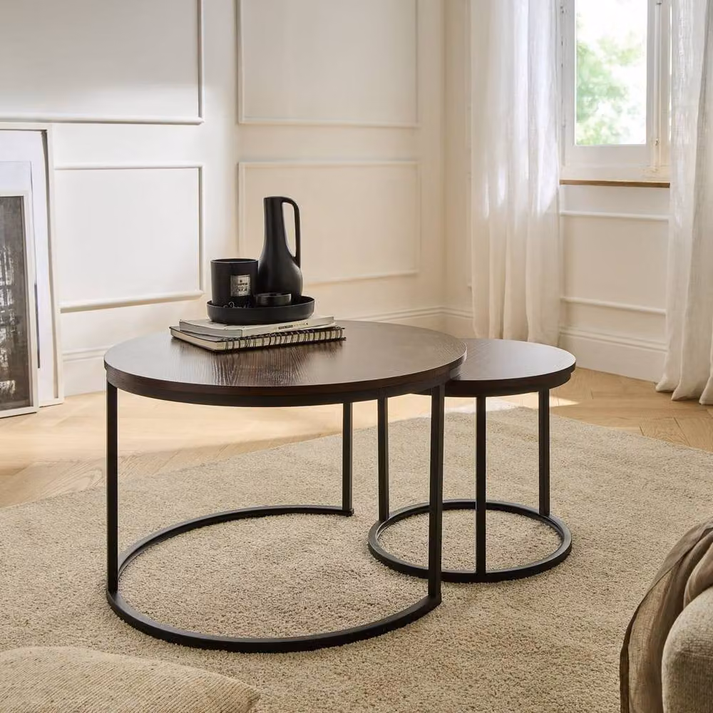 CALICOSY Lenny Set of 2 Round Nesting Coffee Tables in Walnut – 2