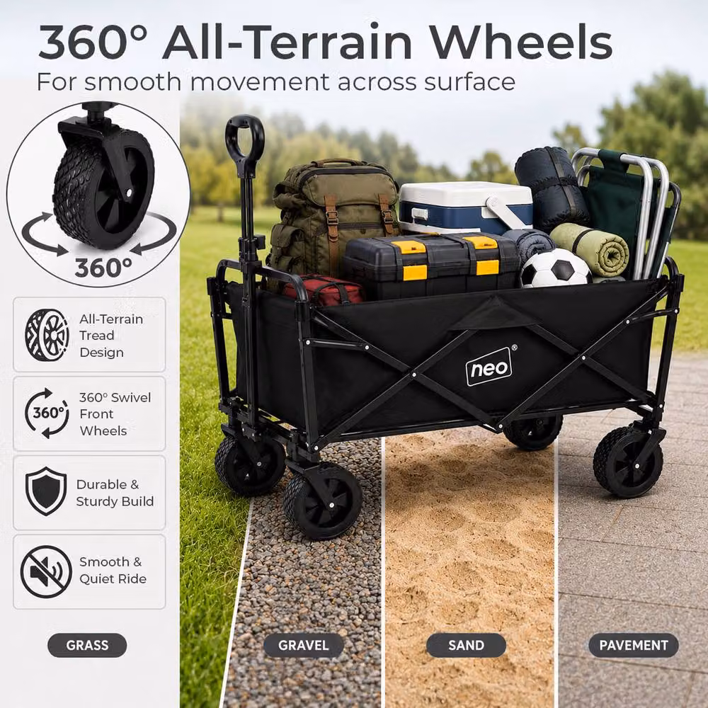 Neo Folding Garden Wagon Cart, 138L Capacity, 120kg Load, Black – 5