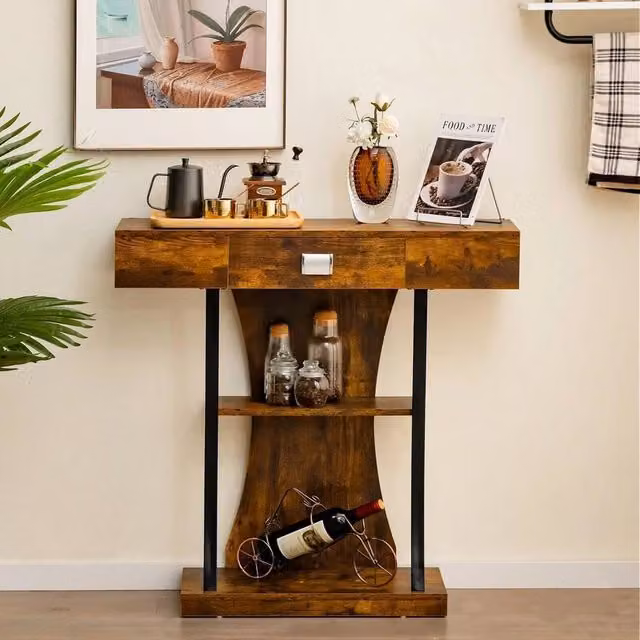 EONLION T-Shaped Industrial Console Table in Brown