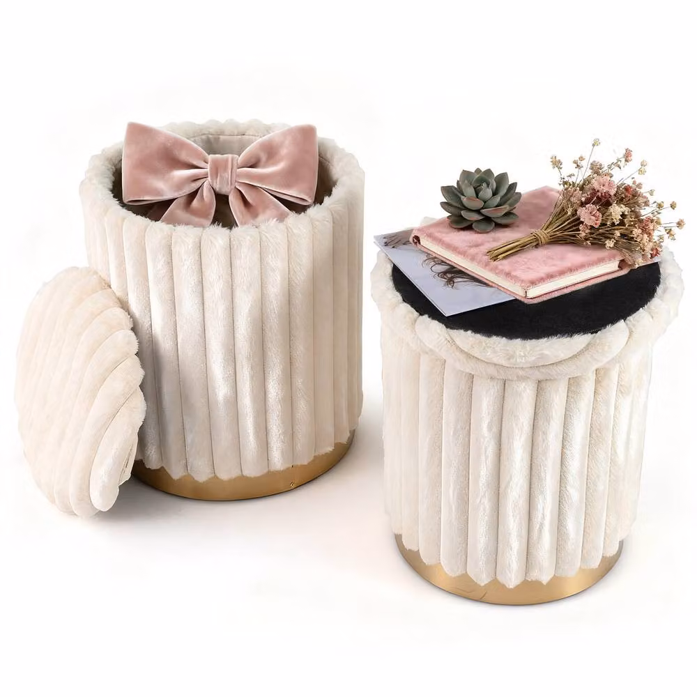 Costway Modern Set of 2 Cylindrical Fabric Ottomans with Detachable Lids in Cream White – 2