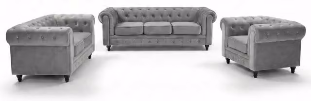 Bravich 6 Seater Chesterfield Scroll Arm Velvet Sofa in Grey