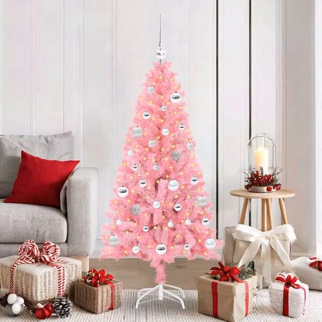 Berkfield Home Pink PVC Christmas Tree with 150 LEDs and Stand, Height: 150 cm