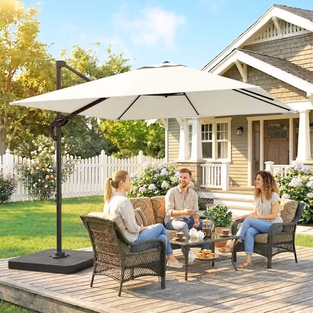 Outsunny Cantilever Parasol with Umbrella Weights, Cream White, 2.4 x 2.4 m
