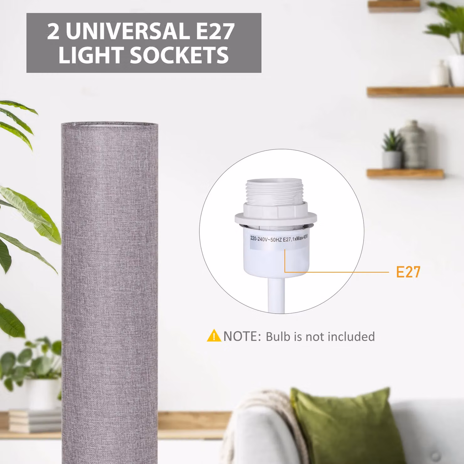 HOMCOM Modern Grey Floor Lamp with Fabric Cylinder Shade and Wood Accents, Height: 120 cm – 3