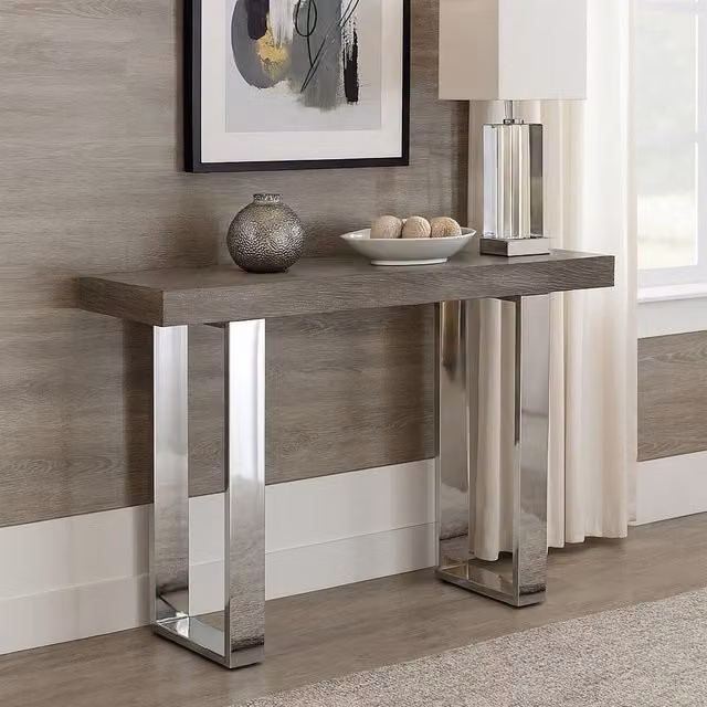 Orsina Grey Elm Wood Console Table with Polished Stainless Steel Sledge Legs, W/D/H: 150 x 51 x 76 cm