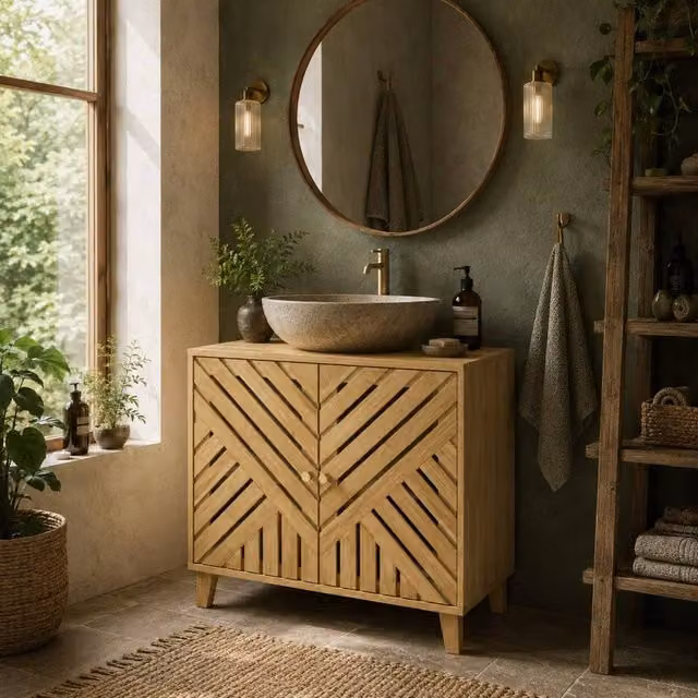 Wyld Haus Limifi Bamboo Under Sink Bathroom Cabinet with Adjustable Internal Shelves in Natural Brown – 1