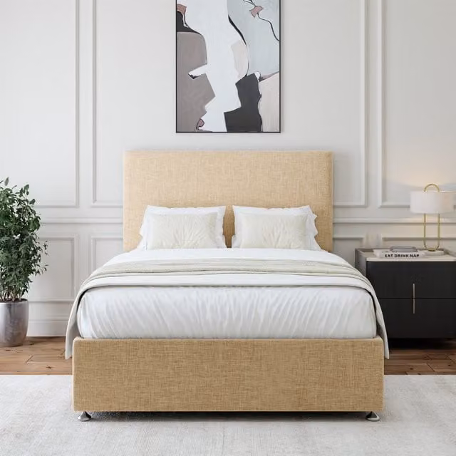 Bedmaster Upholstered Linen Divan Base with Storage Drawers and Plain Headboard in Beige
