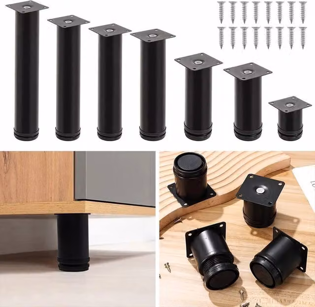 NESTLUNE 4-Piece Set of Adjustable Matt Black Metal Furniture Legs, Height: 10 cm