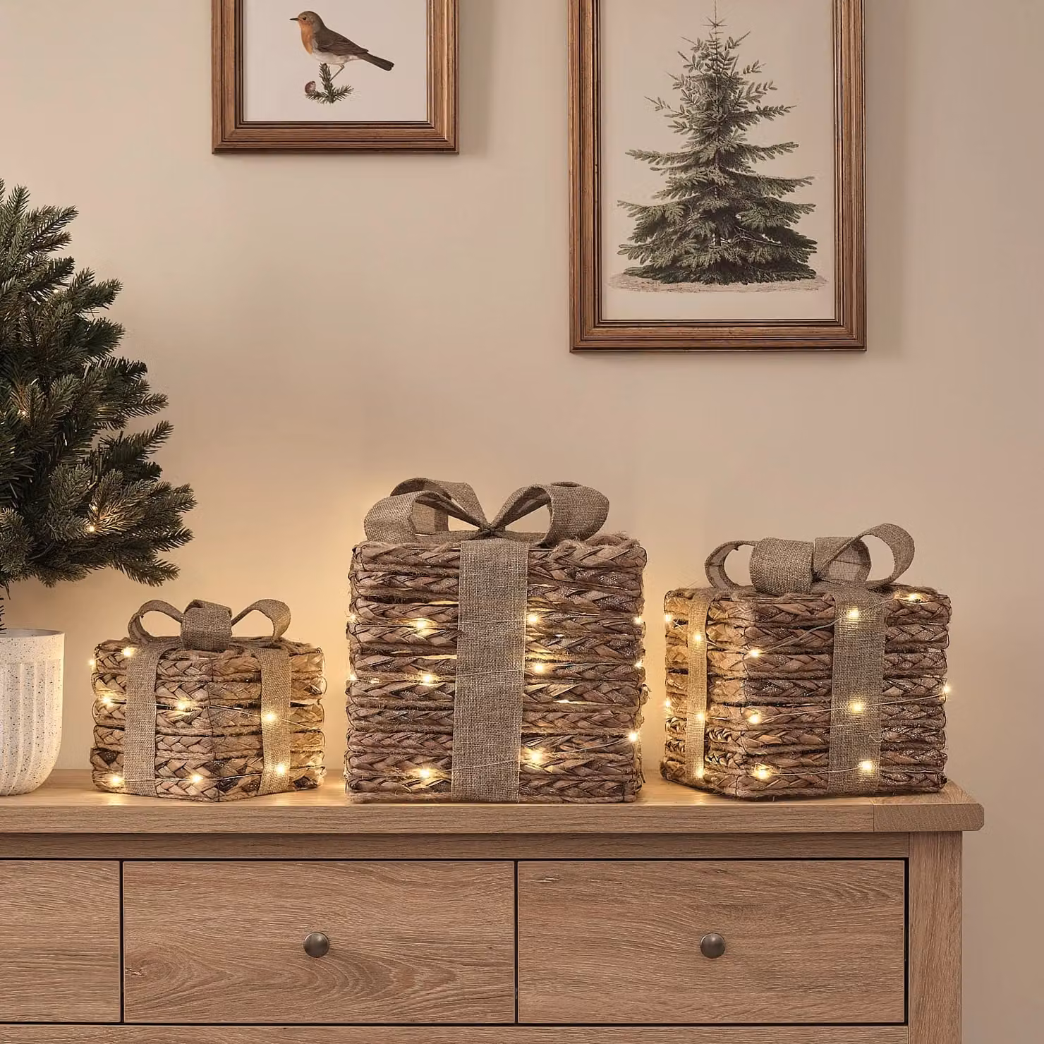 Set of 3 Brown Micro LED Jute Christmas Presents for Tabletop Decoration