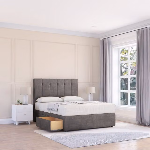 Sloomy Highbury Grey Fabric Upholstered Divan Bed Base and Floor Standing Headboard, W/D/H: 140 x 200 cm