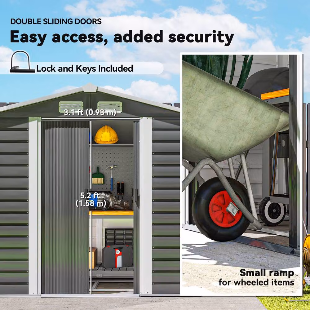 Rolipo Dark Grey Galvanised Steel Garden Shed with Foundation Kit and Lock – 5