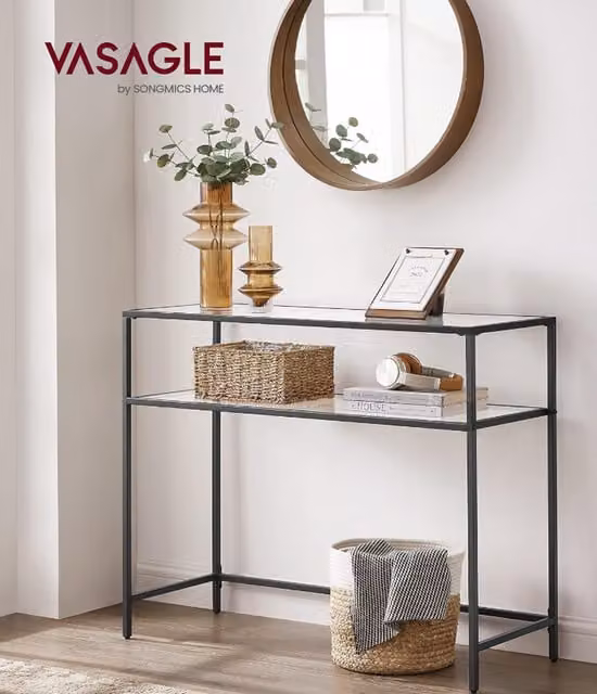 VASAGLE Modern Black Console Table with Tempered Glass Top, W: 100 cm, D: 35 cm, H: 80 cm
