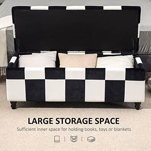 HOMCOM Velvet Storage Ottoman in White and Black, Button-Tufted Padded Footstool with Rubberwood Frame, W/D/H: 114 x 47 x 47 cm – 3