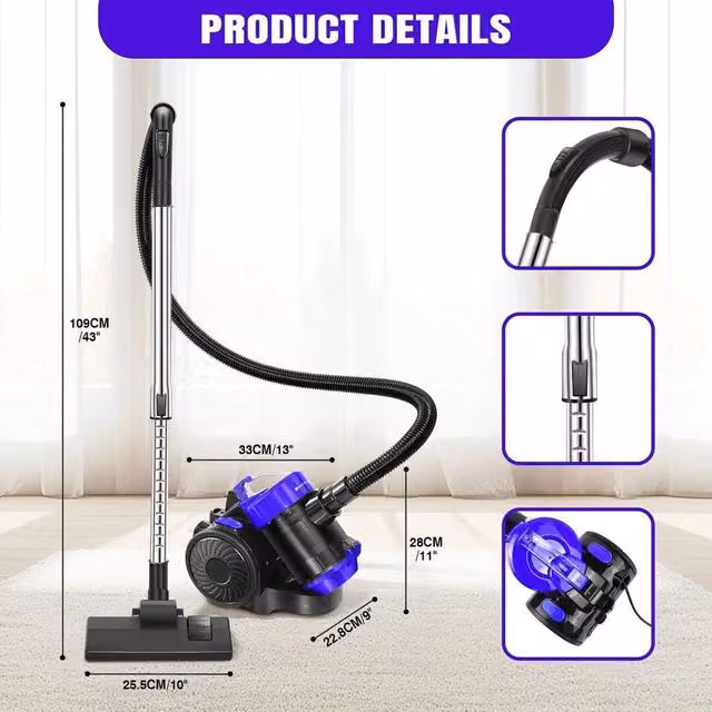 NESTLUNE Bagless Cylinder Vacuum Cleaner in Black, H 100 cm x W 15 cm x D 15 cm