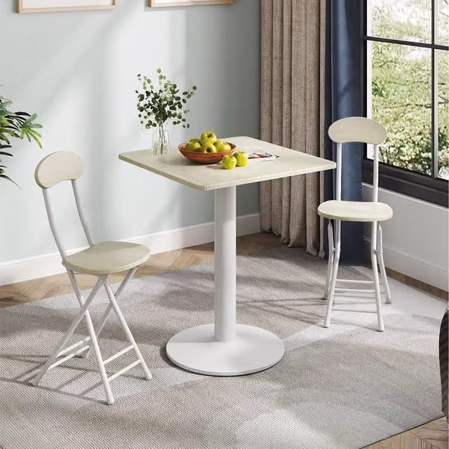 Komore White Square Coffee Table and 2 Folding Chairs Set with Metal and MDF Construction