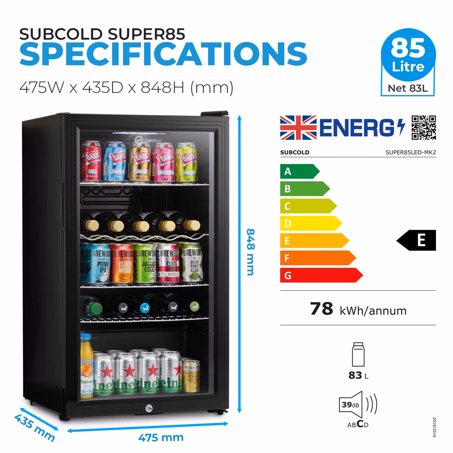 Subcold Super 85 LED Under Counter Beer Fridge in Black and Silver with Compressor and Lockable Glass Door, W/D/H: 43.5 x 47.5 x 84.8 cm – 7