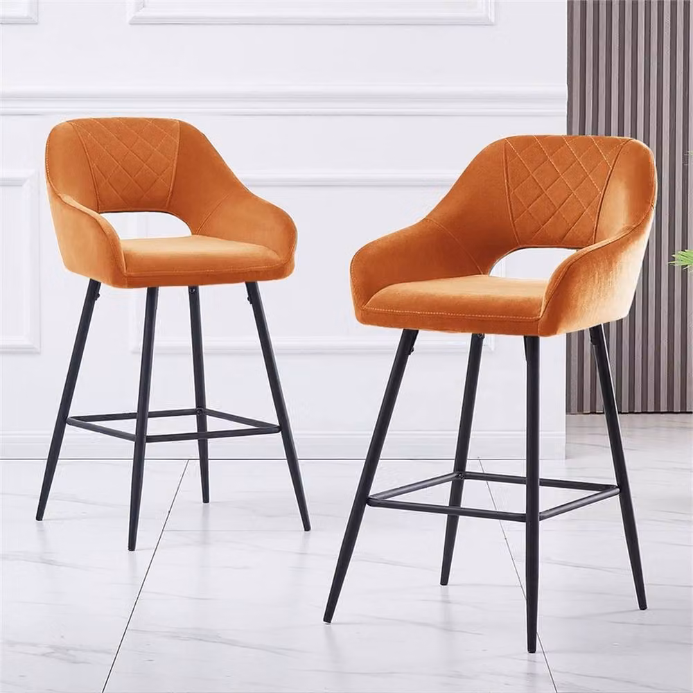 FORGEVIO Set of 2 Modern Orange Velvet Breakfast Bar Stools with Metal Frames – 3