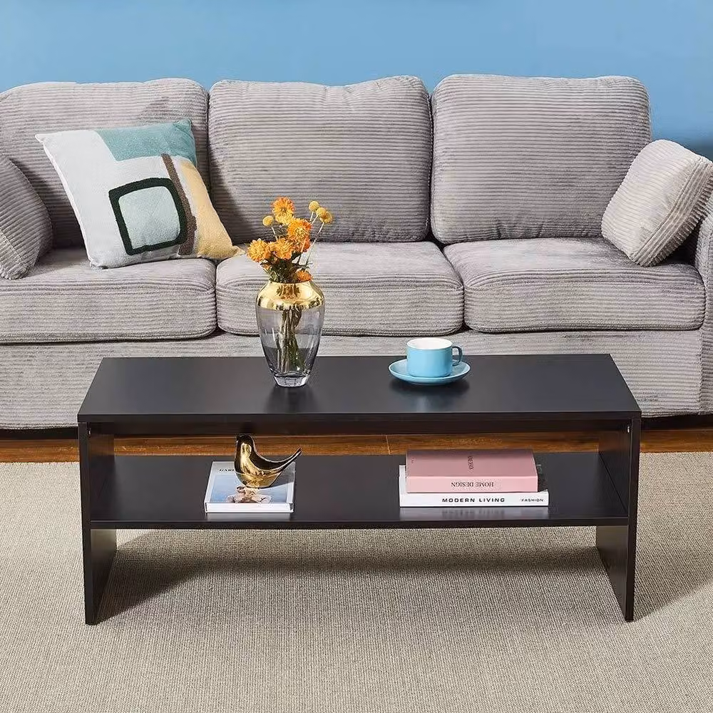 VOGREX Modern Black Coffee Table with 2 Open Shelves, W/D/H: 100 x 40 x 40 cm – 3