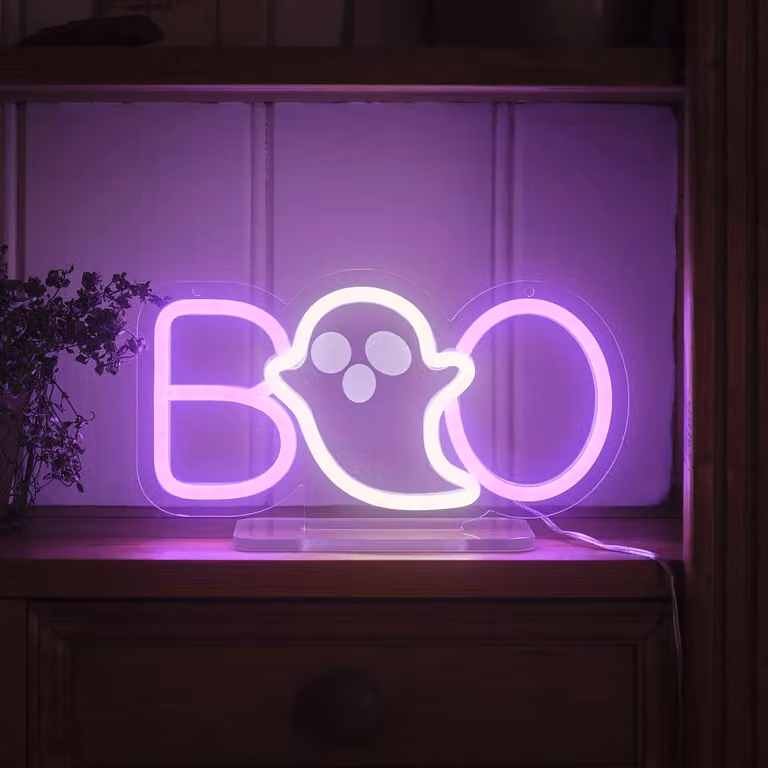 Lights4Fun BOO Halloween Neon Light in Purple and White with Clear Acrylic Frame, Width: 25 cm