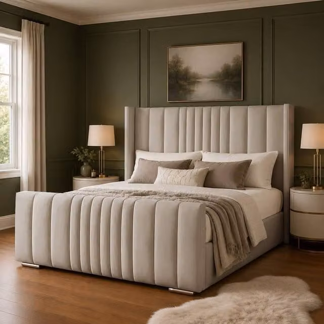 Desire Deco Luxury Austin Wingback Upholstered Panel Bed Frame in Beige, Size: Double (140 x 200 cm)