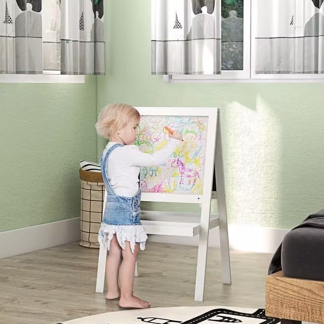 AIYAPLAY Double-Sided Kids Easel with Whiteboard and Storage Shelf, White