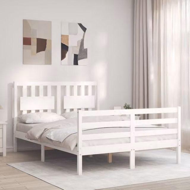 Berkfield Home Double Bed Frame with Headboard in White Solid Pine Wood, 140 x 200 cm