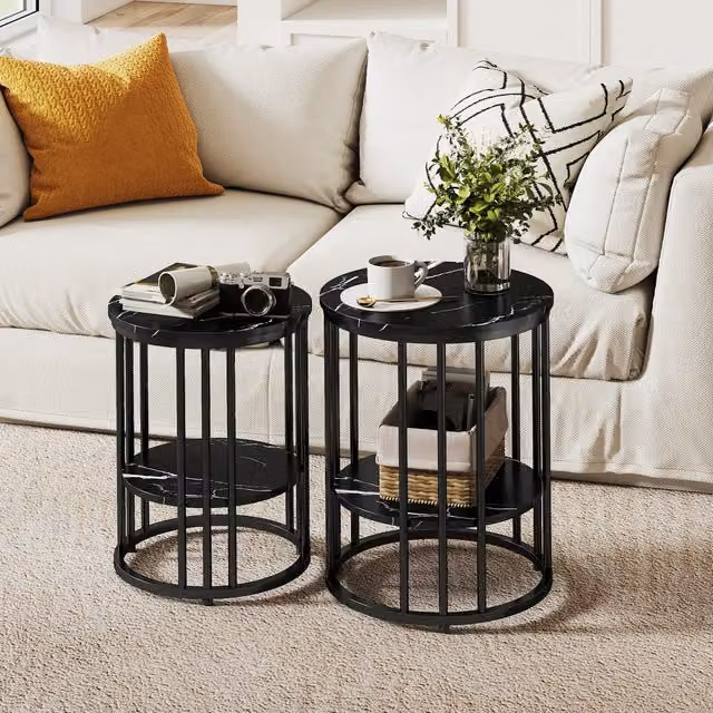 HOMCOM Set of 2 Modern Round Nesting Coffee Tables with Storage Shelves in Black