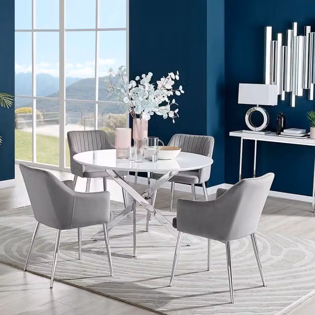 FurnitureboxUK Novara White High Gloss Round Dining Table and 4 Calla Silver Leg Chairs in Grey