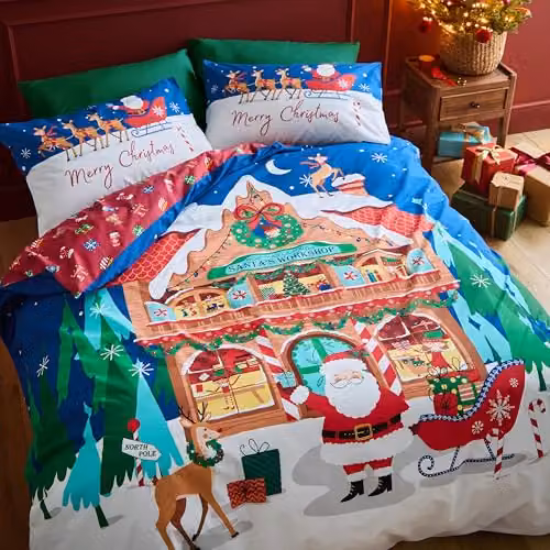 Catherine Lansfield Christmas Santa's Workshop Reversible Double Duvet Cover and Pillowcase Set, Navy Blue and Multicolour, W/H: 200 x 200 cm, Pillowcases: 50 x 75 cm – 1