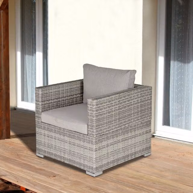 Outsunny Modern Grey Rattan Outdoor Single Sofa Chair with Cushions – 1