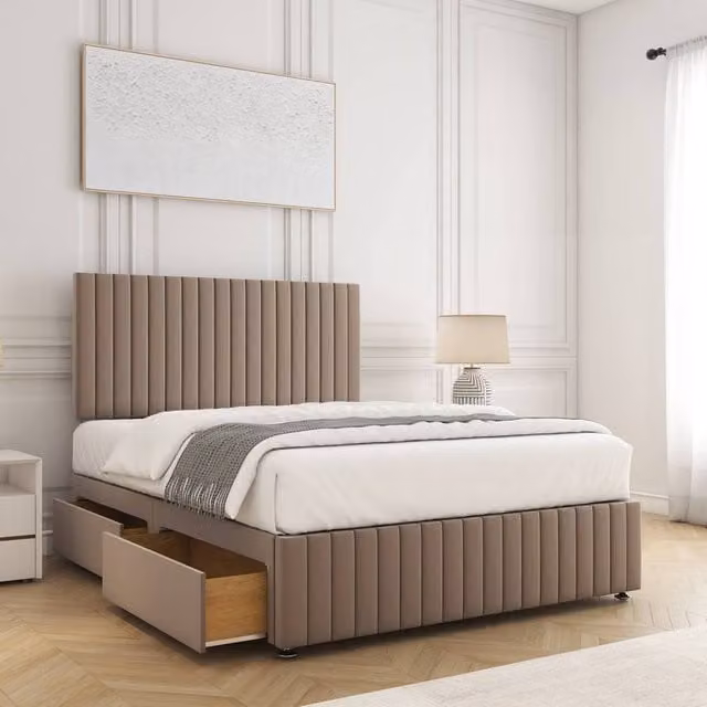 BSSPOKE Emma King Size Divan Bed with 24 inch Headboard and 2 Drawers in Taupe Plush Velvet