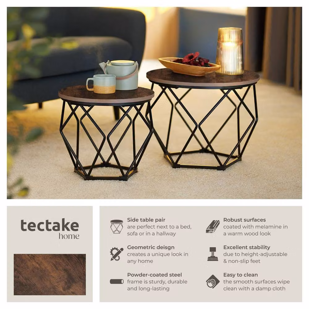 tectake Benham 2-Piece Round Nested Coffee Table Set in Brown and Black – 2