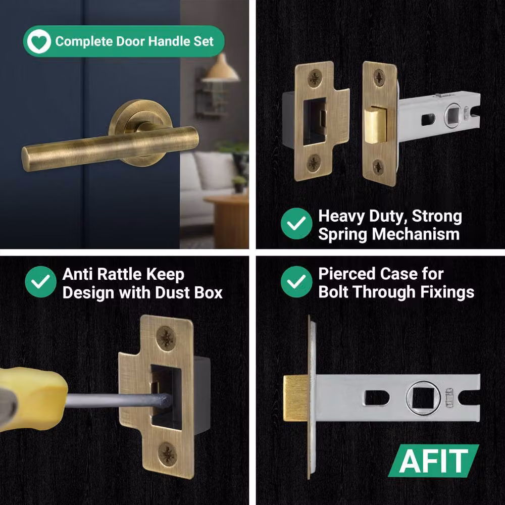 AFIT Antique Brass T-Bar Door Handle and Latch Set with Round Rosette in Gold, 5 Pairs – 5
